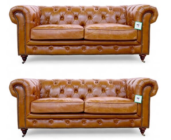 Vintage Tan Leather Chesterfield Sofa Suite 2+2 Seater – Luxurious Classic Style