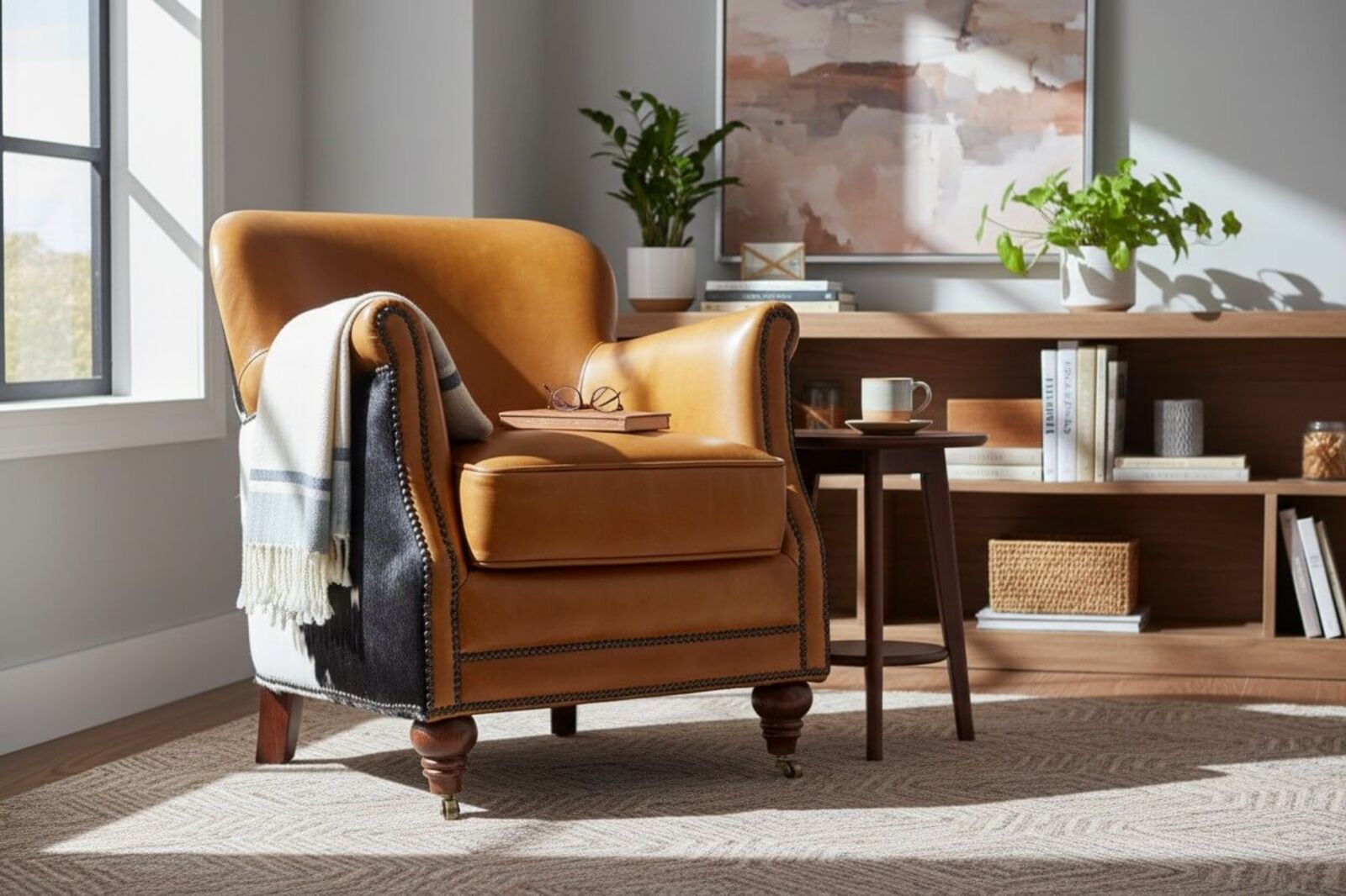 Vintage Tan Leather & Cowhide Tub Chair | Rustic Western Accent Armchair