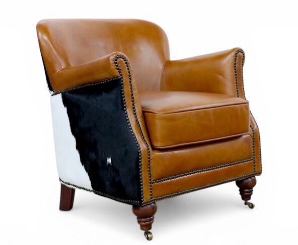 Vintage Tan Leather & Cowhide Tub Chair | Rustic Western Accent Armchair