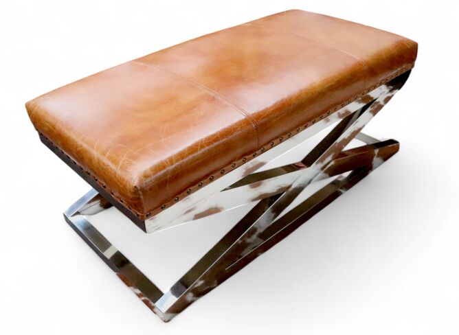 Vintage Tan Real Leather Criss Cross Footstool