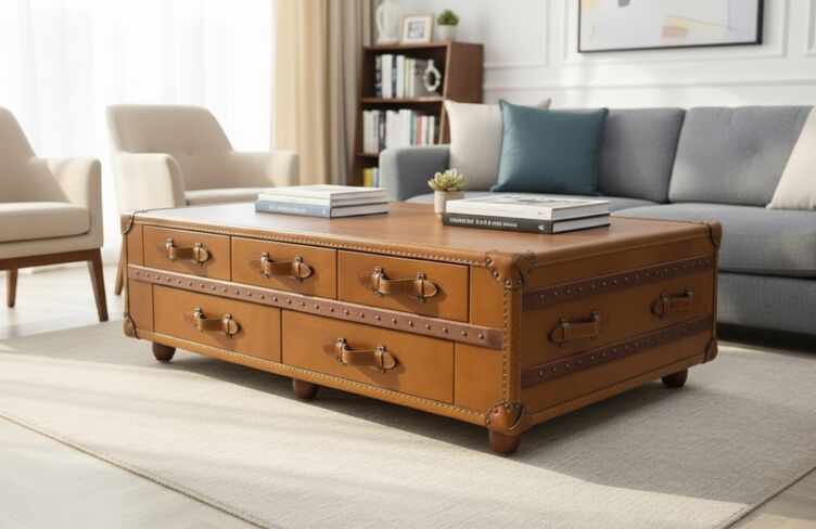 Vintage Tan Trunk Style Coffee Table with Drawers – Leather & Wood Finish