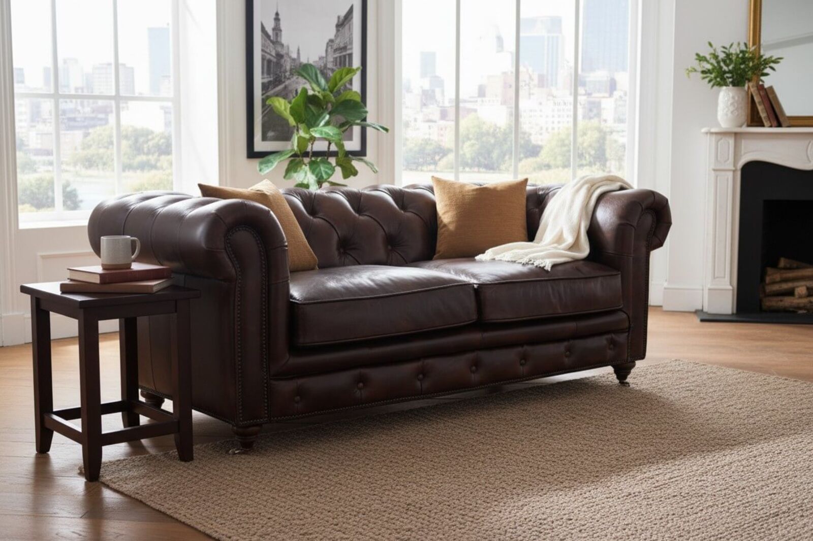 Vintage Tobacco Brown Leather Chesterfield 2 Seater Sofa Luxurious Classic Style