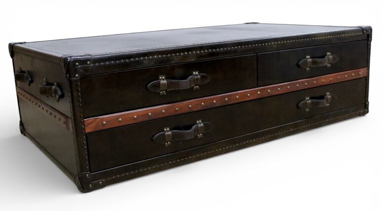 Vintage Tobacco Leather Trunk Coffee Table with Storage Drawers