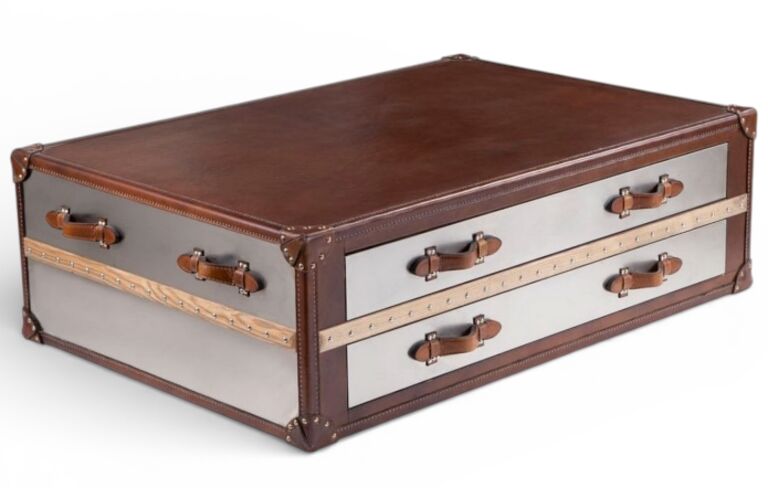 Vintage Trunk Coffee Table / Storage Chest with Drawers – Leather & Wood Accent Piece