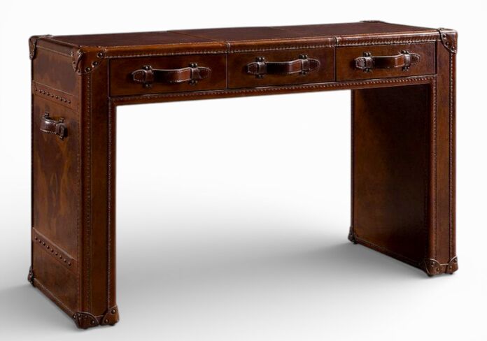 Vintage Trunk Inspired Writing Desk in Hand Finished Brown Leather