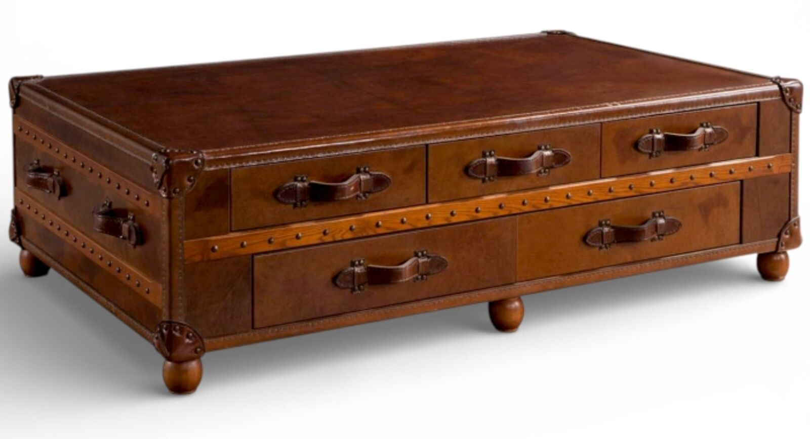 Vintage Trunk Style Coffee Table with Drawers Leather & Wood Finish