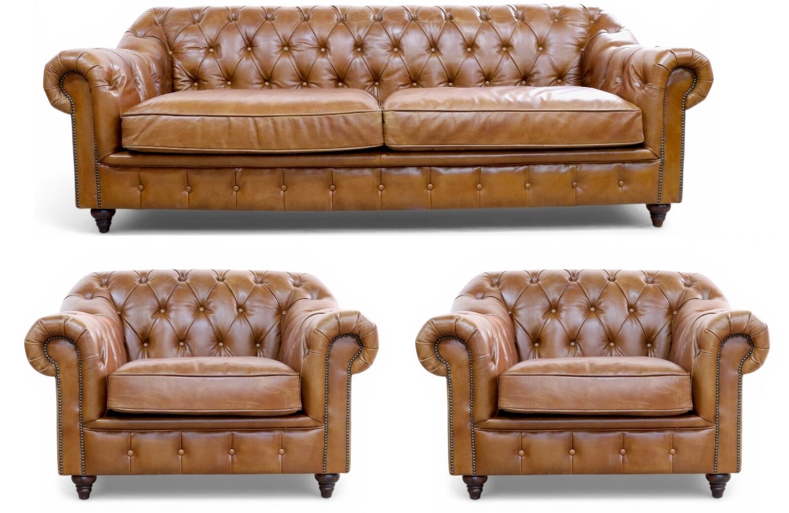 Wellington Chesterfield 3+1+1 Sofa Suite Vintage Tan Distressed Leather