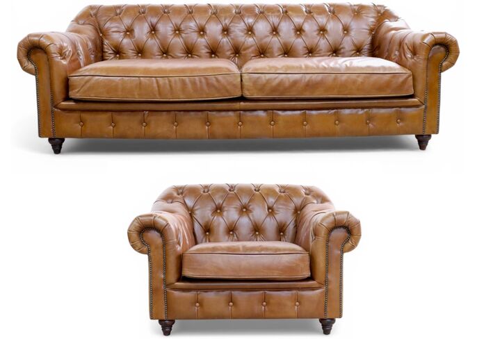 Wellington Chesterfield 3+1 Sofa Suite Vintage Tan Distressed Leather