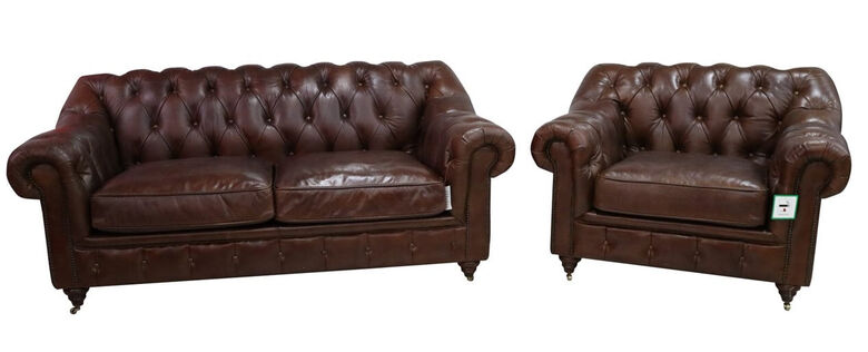 Wellington Chesterfield 2+1 Vintage Brown Distressed Leather Sofa Suite
