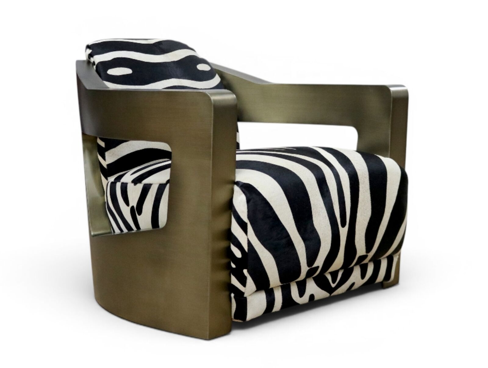Zebra Leather Man Cave Aviator Lounge Armchair Antique Brass