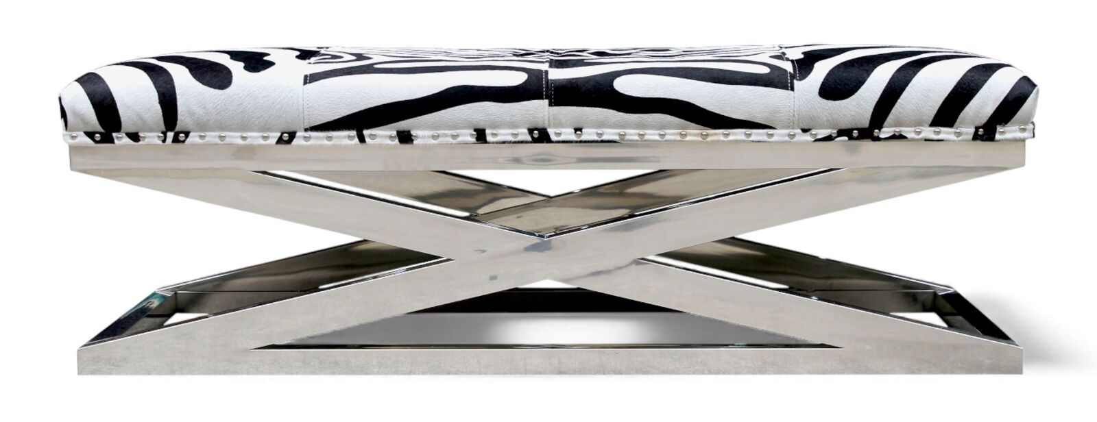 Zebra Leather & Stainless Steel X Base Bench Footstool