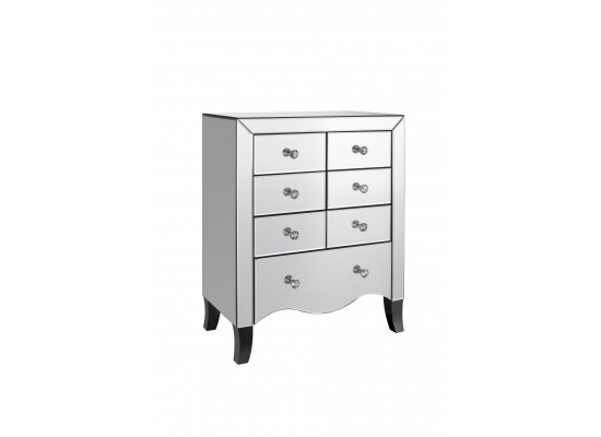 Albin 7 Drawer Glass Mirrored Chest With Black Bowed Legs