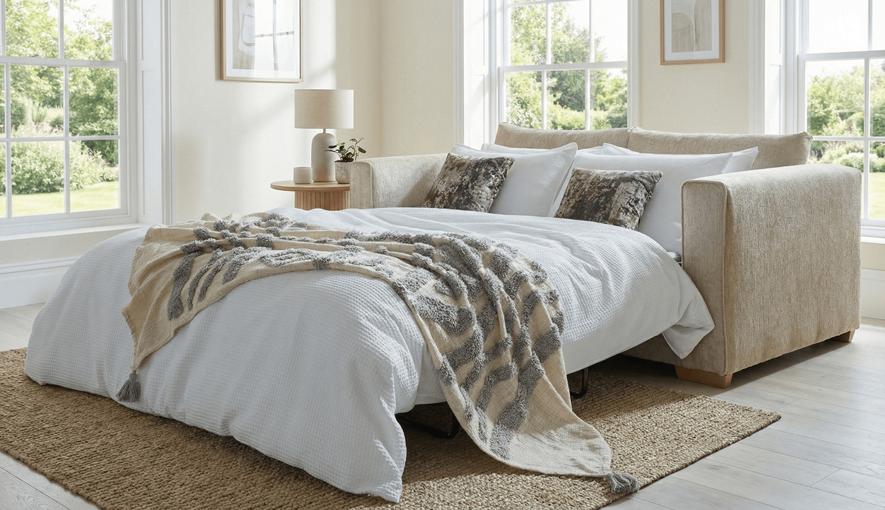 Beige 3-Seater Fabric Sofa Bed Opened in a Contemporary Interior