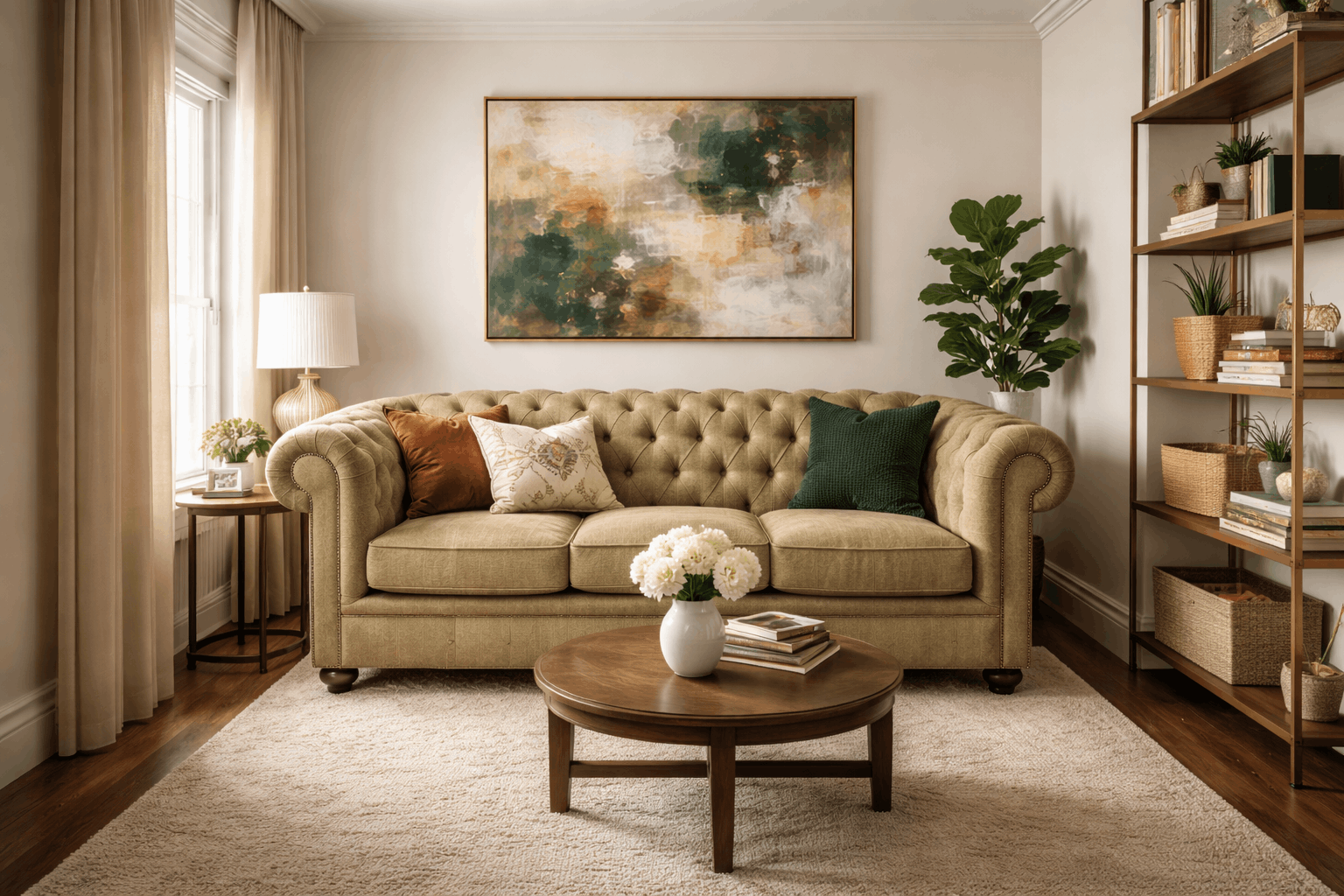 Beige chesterfield sofa with green, rust and patterned cushions and round wooden coffee table