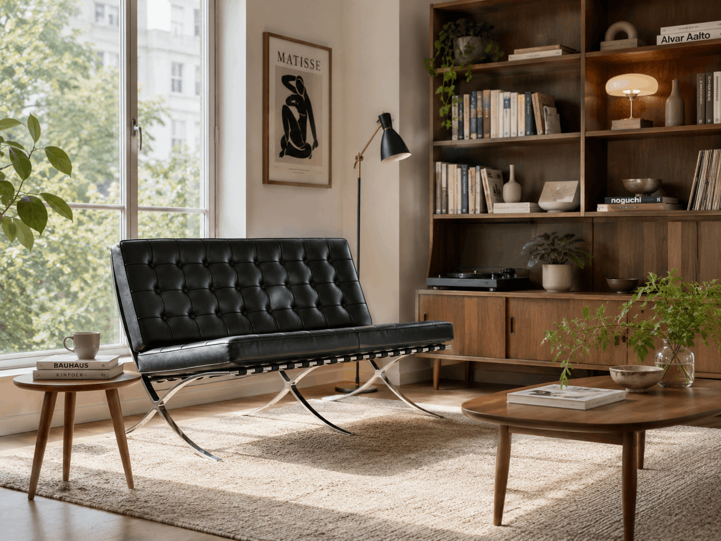 black-leather-2-seater-sofa-in-mid-century-reading-corner