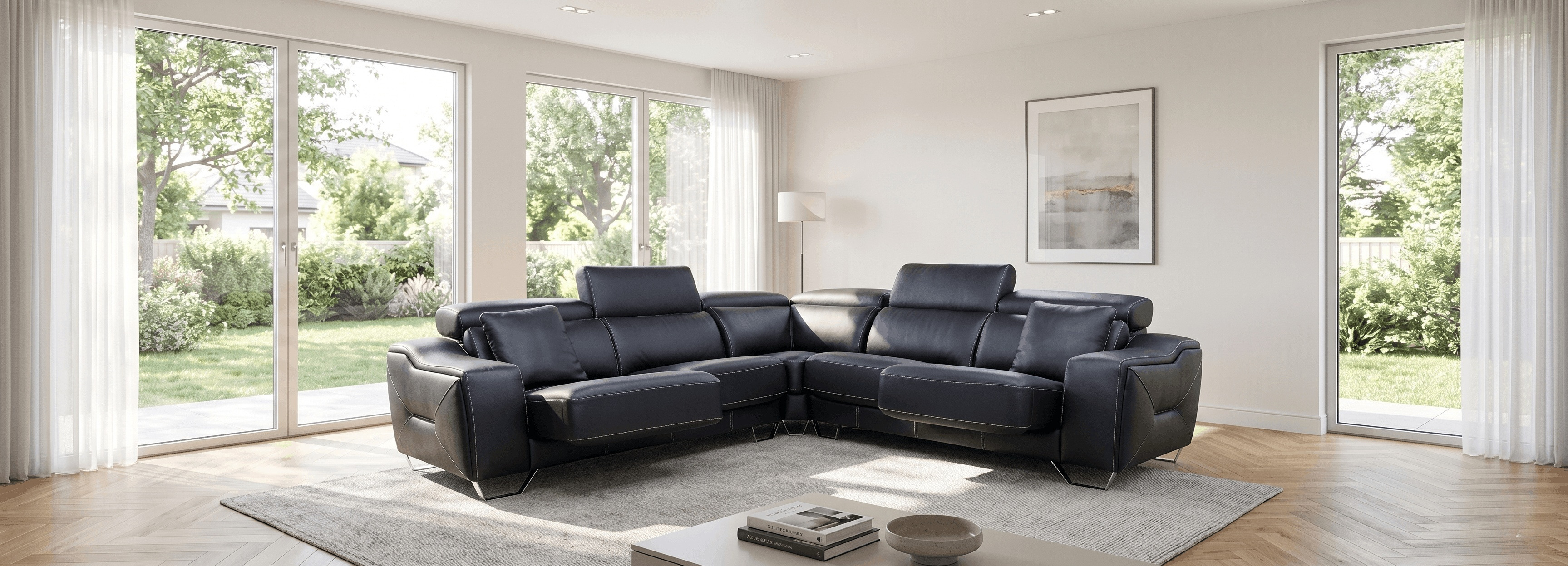 Black leather corner sofa in a sunlit room