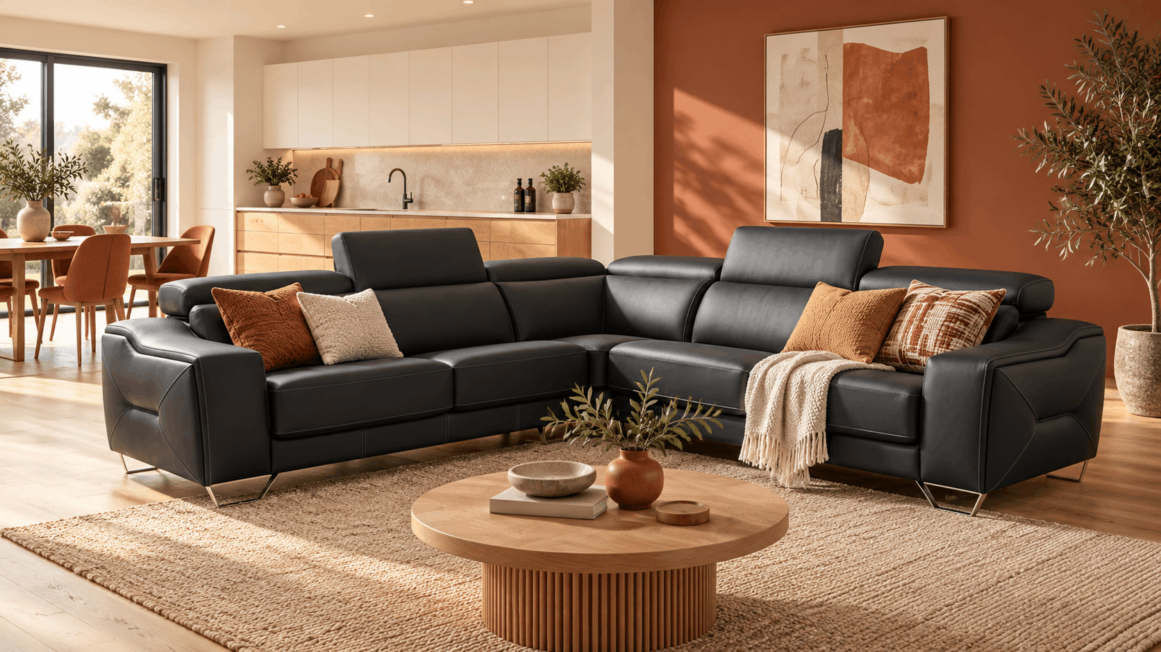 Black leather corner sofa against a terracotta accent wall