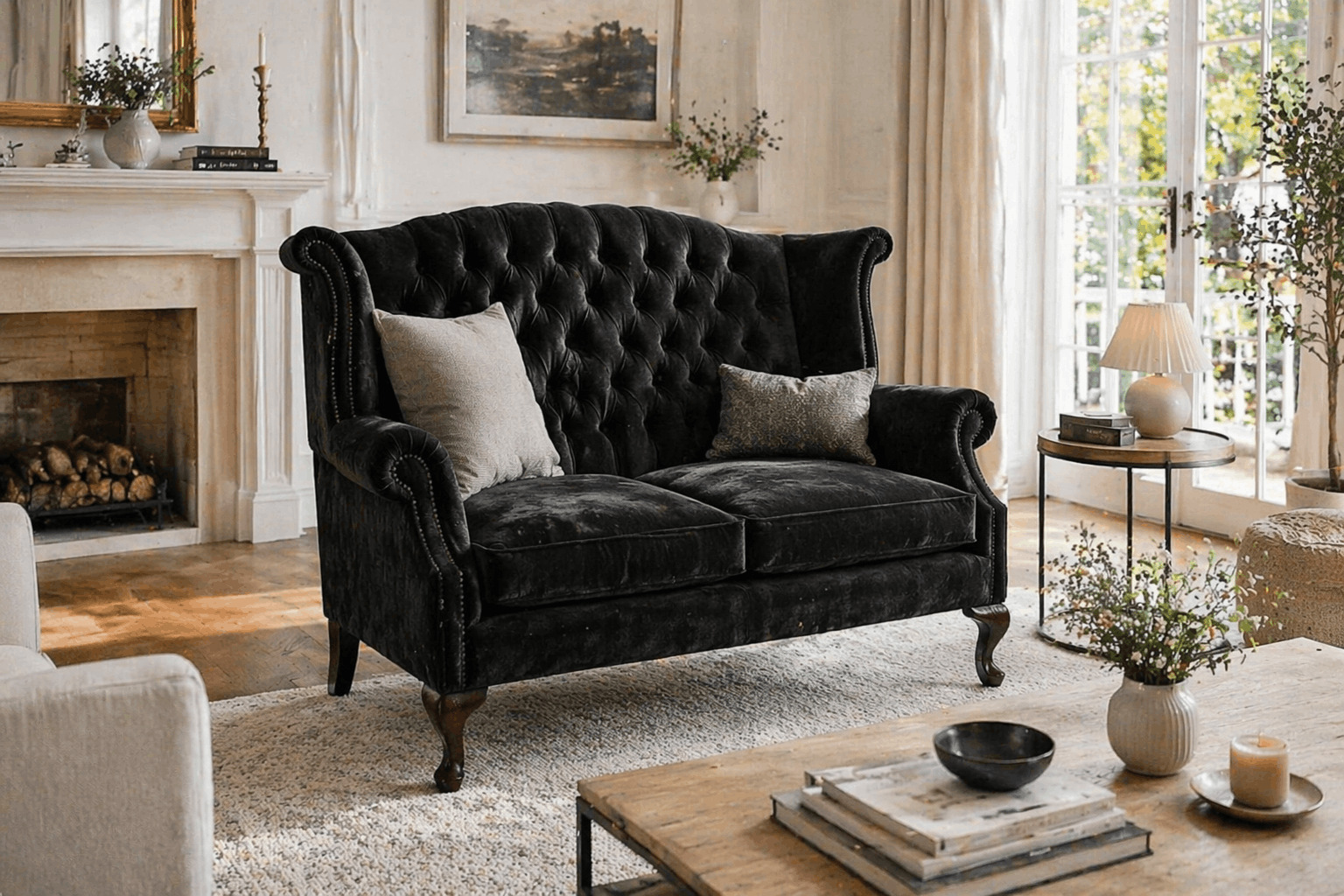 Black sofa in a bright elegant living room with neutral tones and classic decor