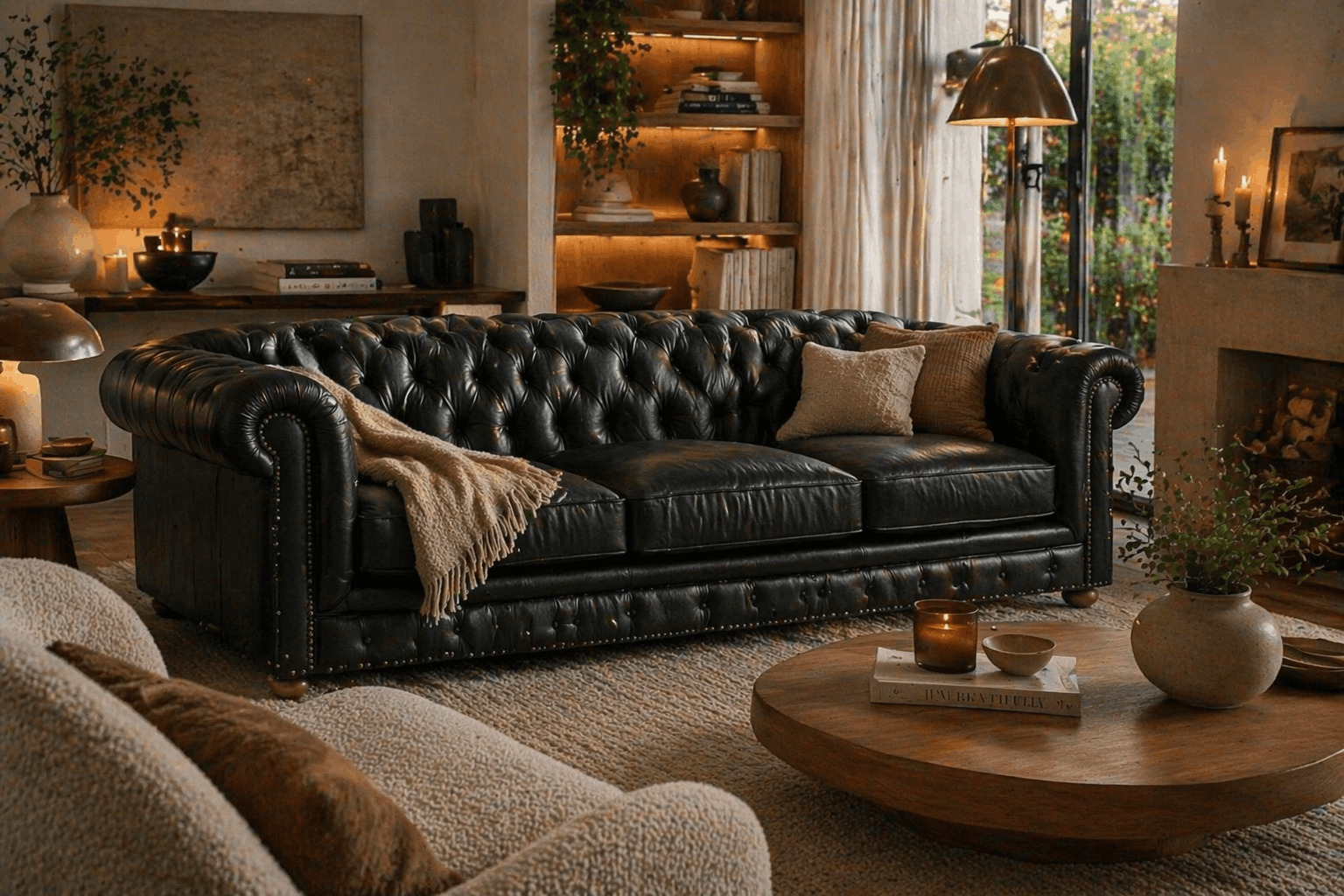 Black sofa in a cosy modern living room with warm lighting 