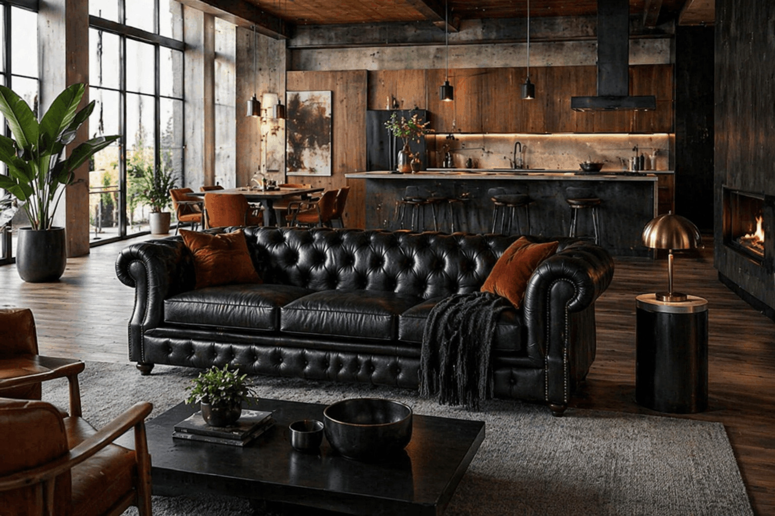 Black sofa in a spacious open-plan kitchen living room in industrial style
