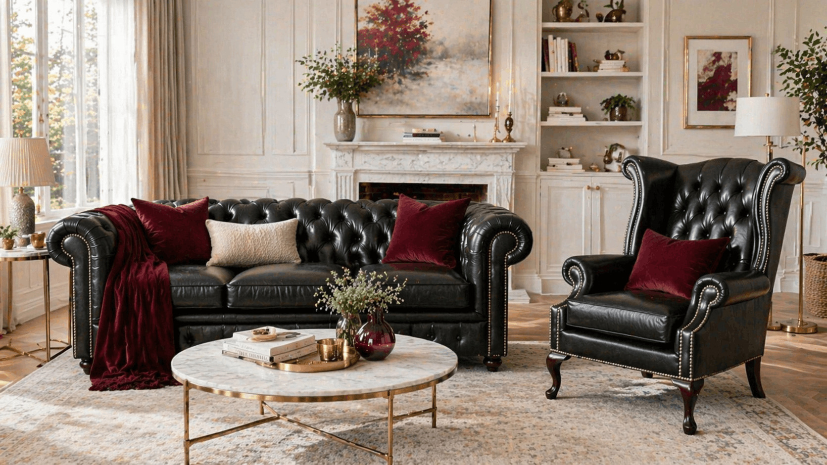 Black sofa in classic interior with burgundy accents