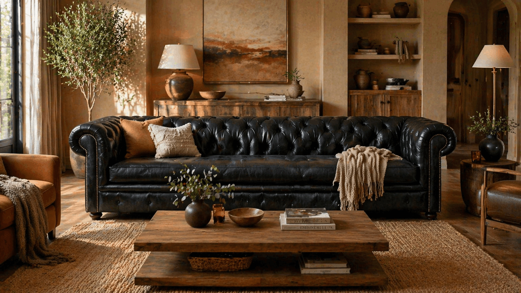 Black sofa in cozy boho living room with warm textures