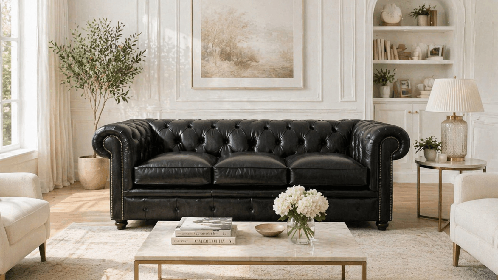 Black sofa in elegant neutral living room with classic style