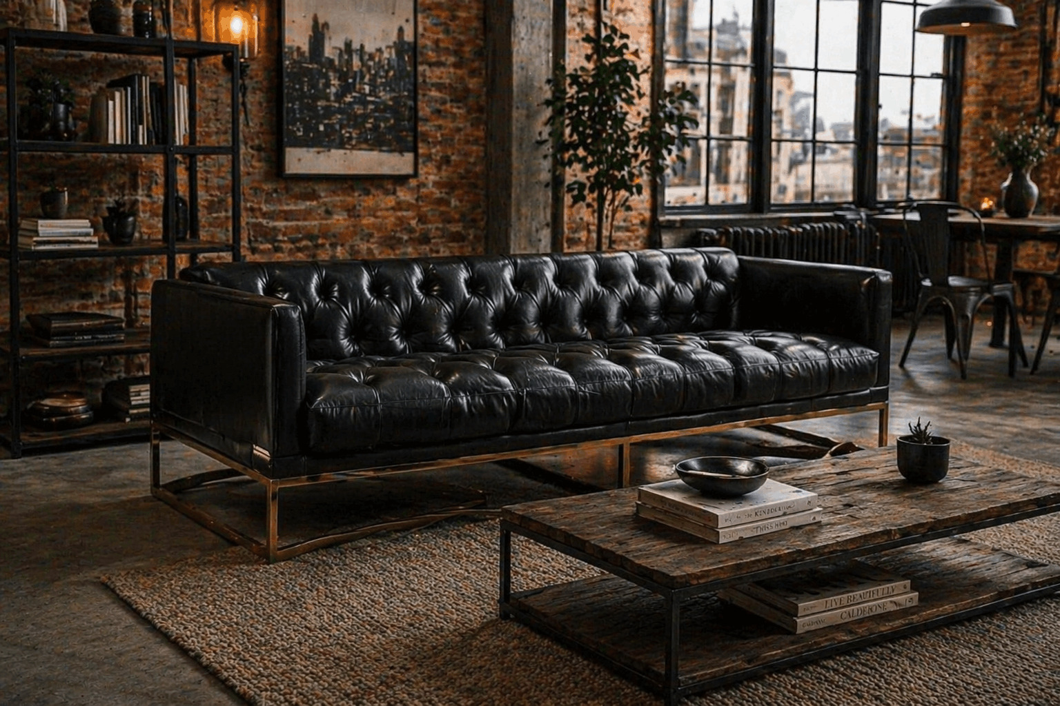 Black sofa in industrial loft with brick walls and urban decor