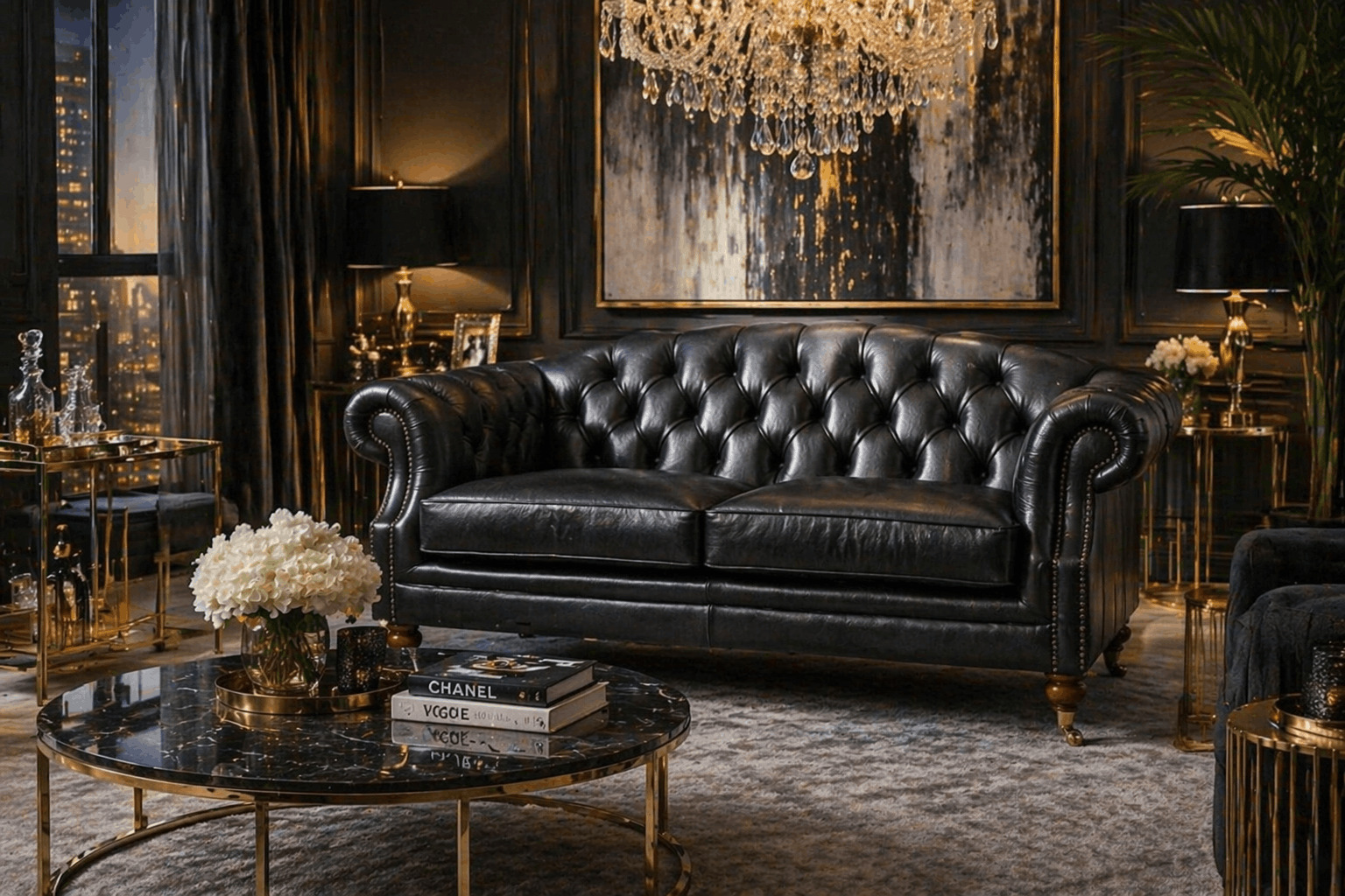 Black sofa in luxury glam interior with gold accents and chandelier