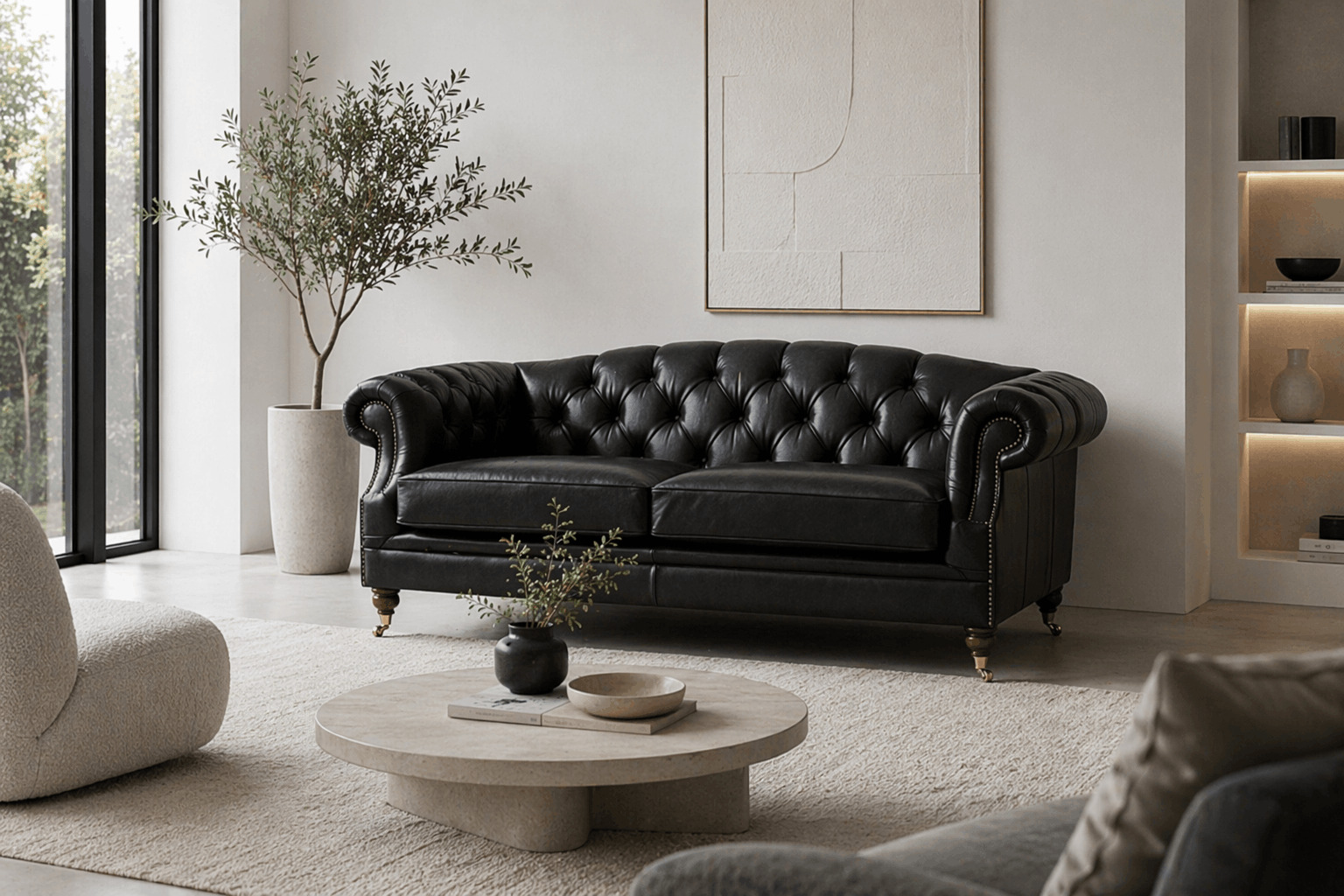 Black sofa in minimalist light interior with neutral tones