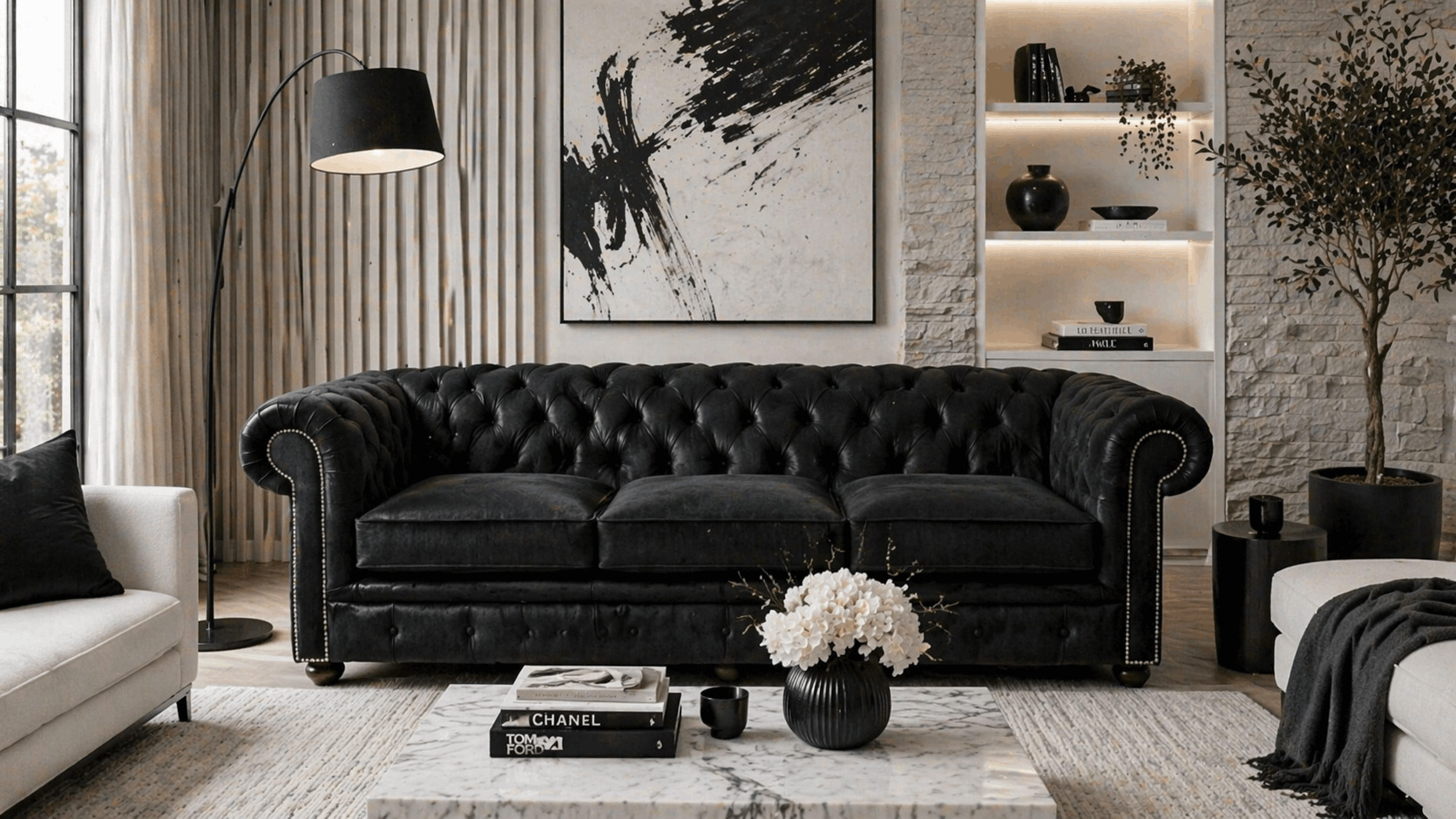 Black sofa in monochrome modern living room with black and white decor