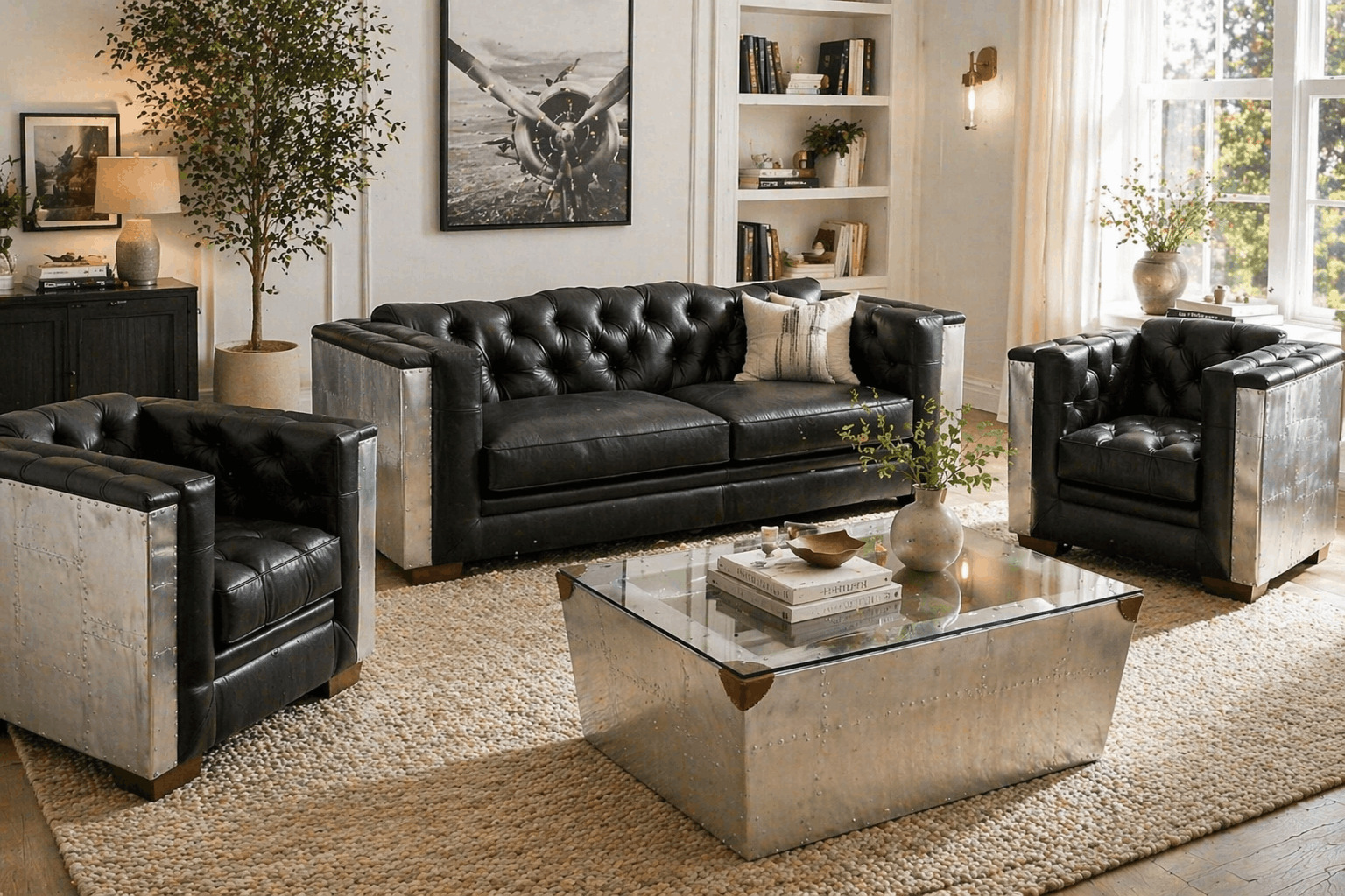 Black sofa set with armchairs in a bright living room with neutral tones