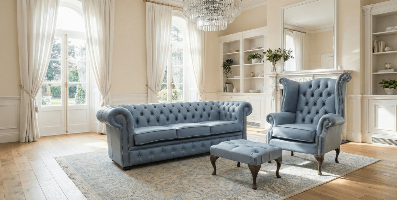 Blue Chesterfield Sofa and Armchair Set in an Elegant Room