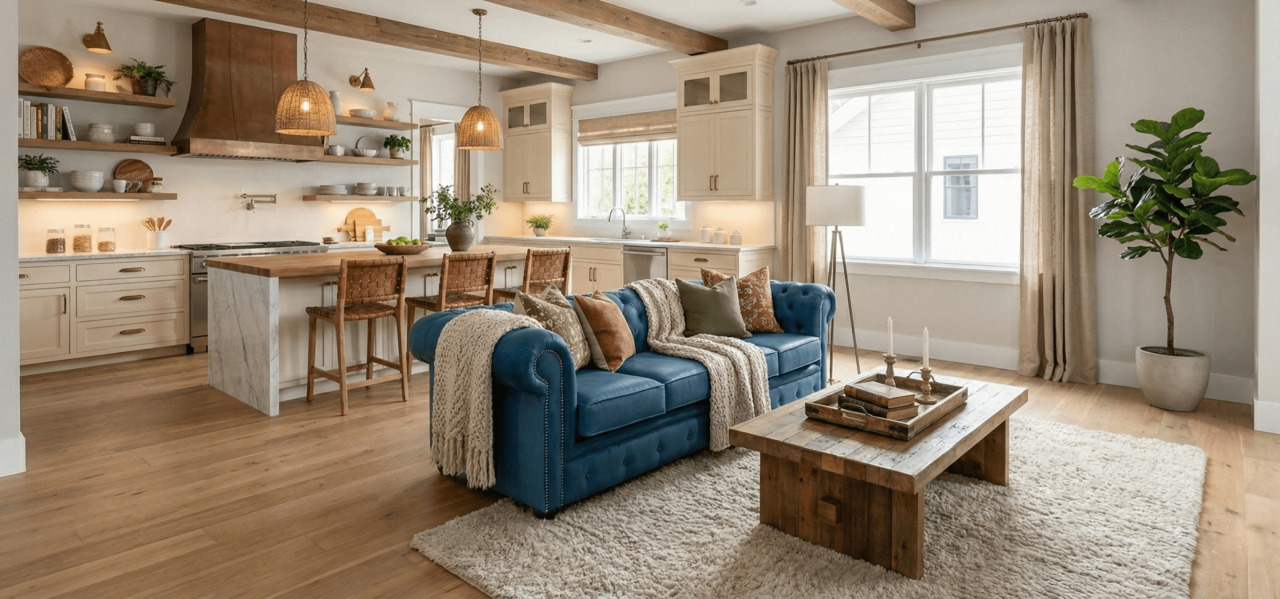 Blue Chesterfield sofa in an open-plan kitchen living area
