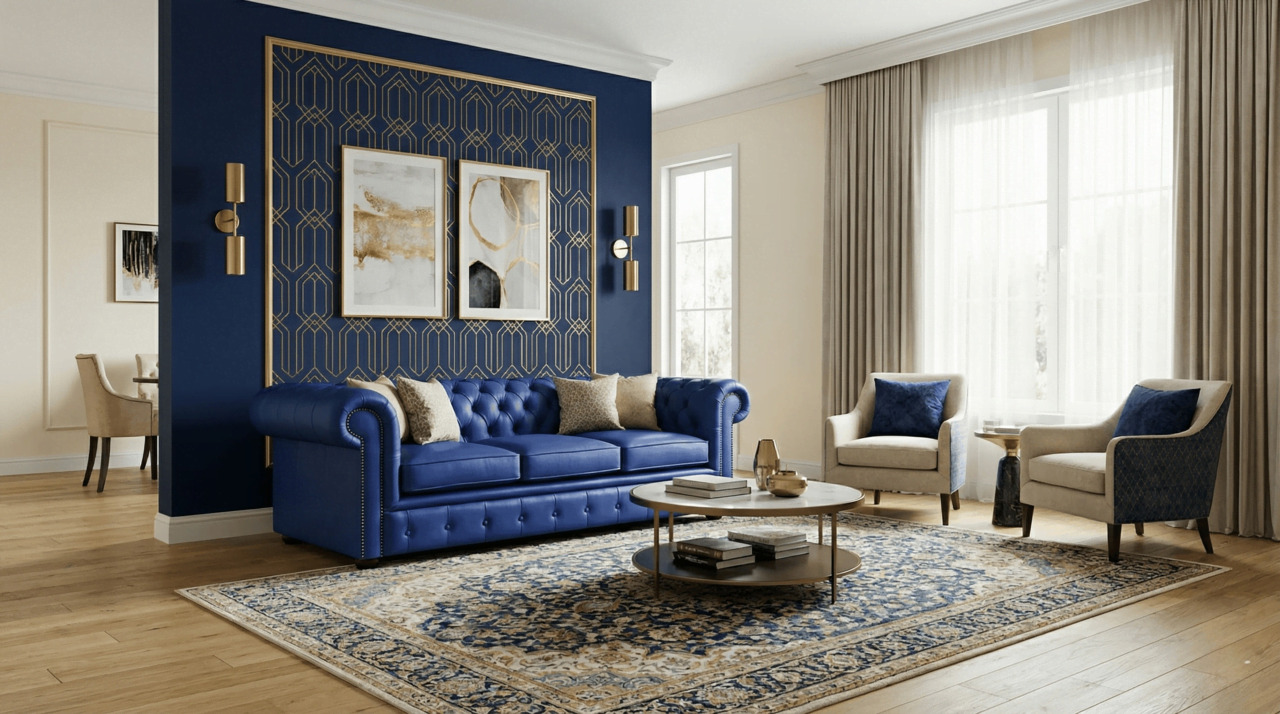 Blue Leather Chesterfield Sofa with Navy Feature Wall and Gold Accents
