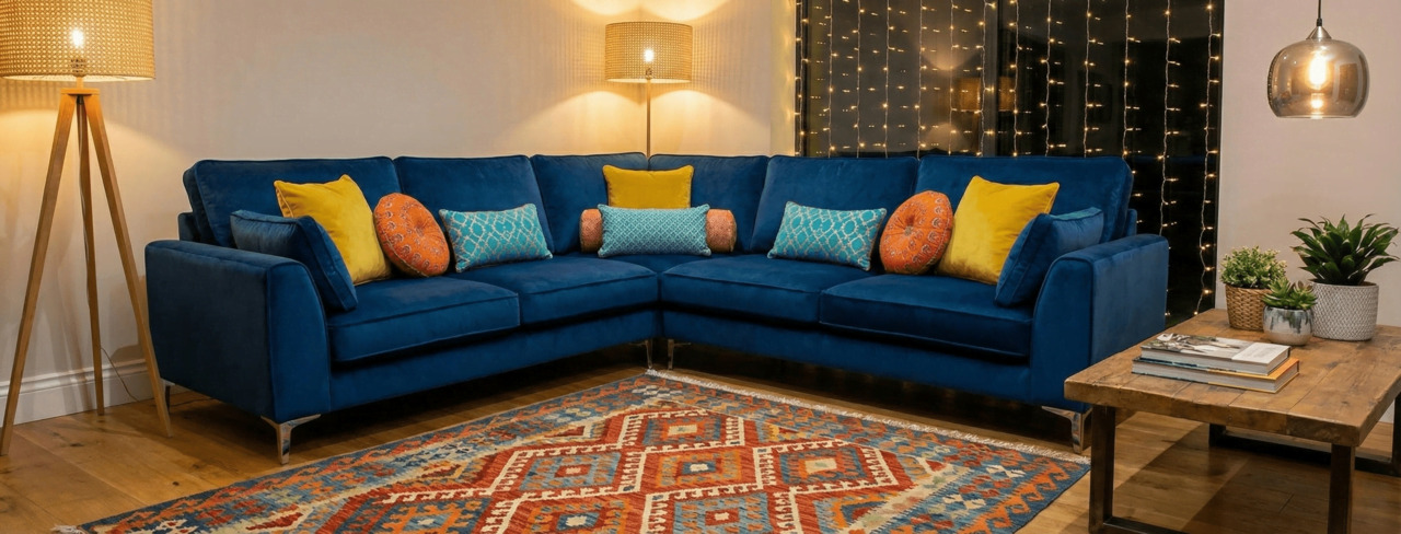Blue corner sofa with colourful cushions in a cosy living room