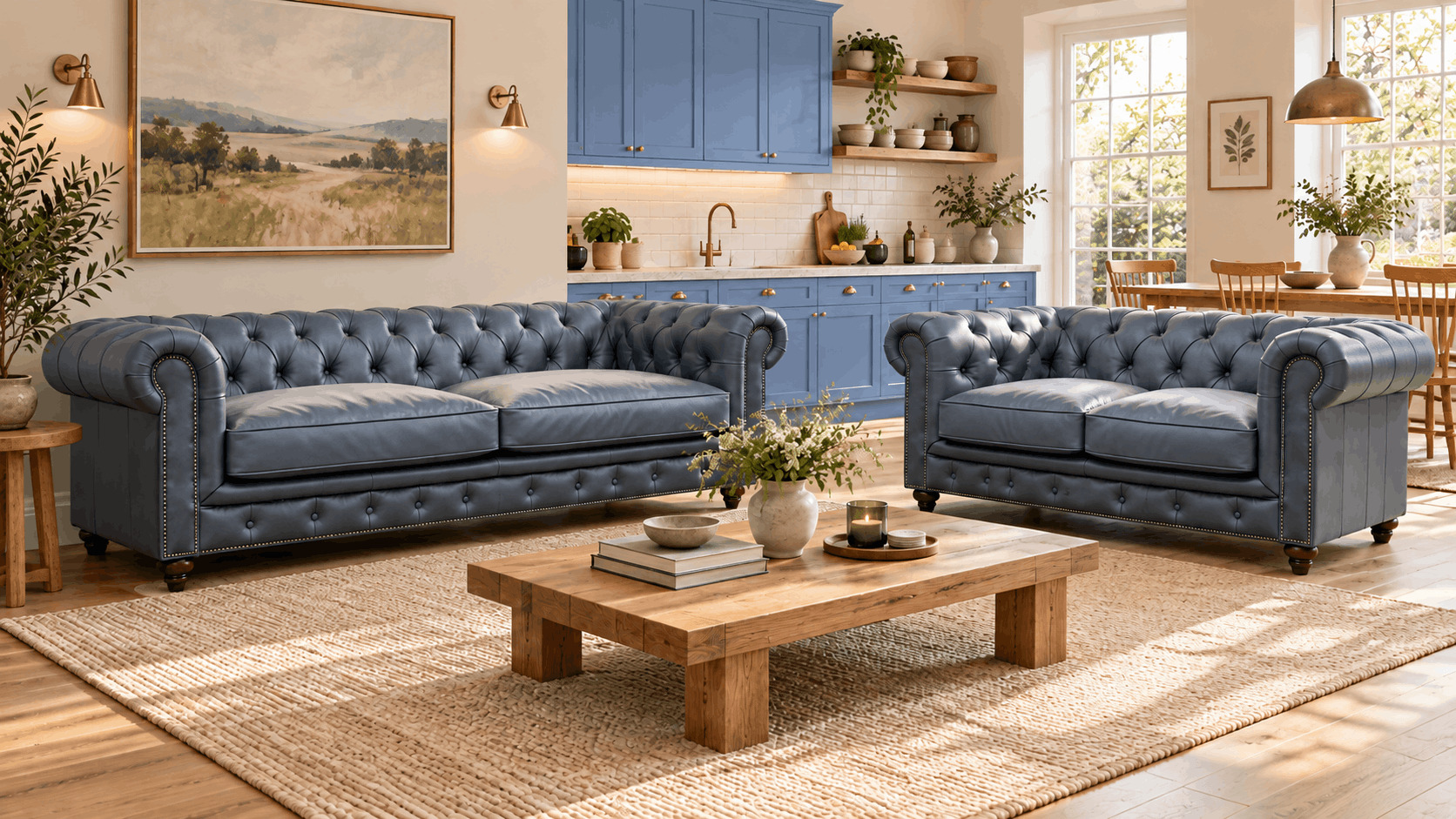 Blue leather Chesterfield sofas beside a blue kitchen