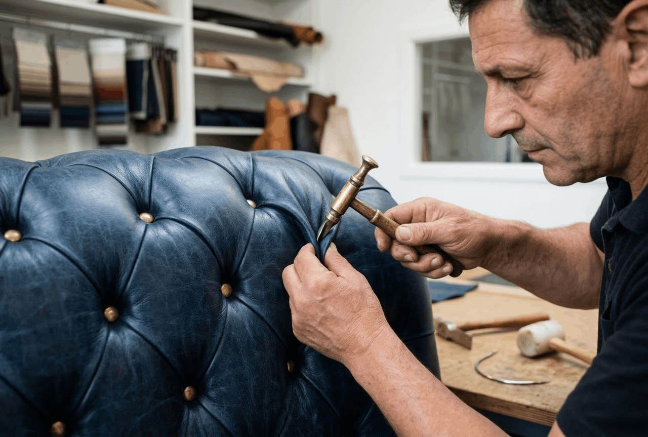 Blue leather sofa reupholstery process