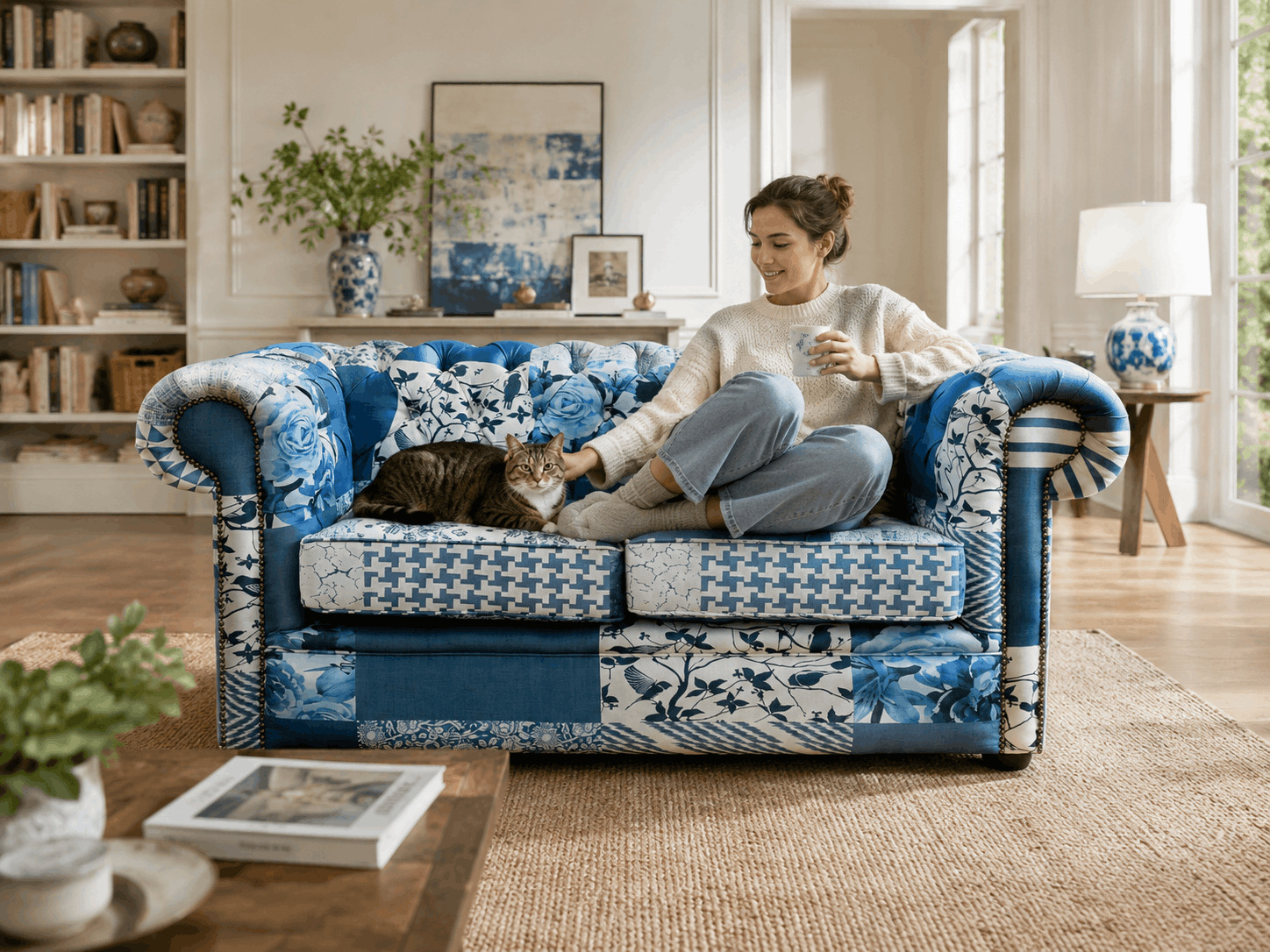 Blue patterned sofa with a woman and cat in a spacious living room