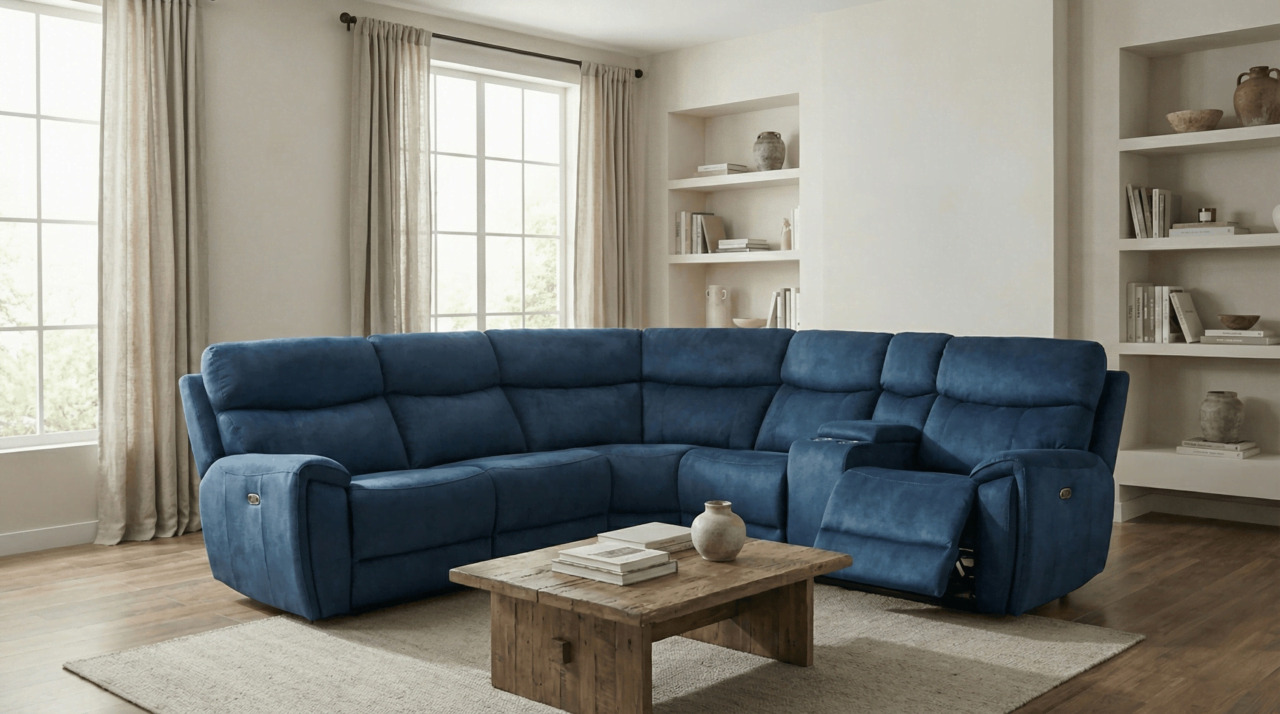 Blue Reclining Corner Sofa with Wooden Coffee Table