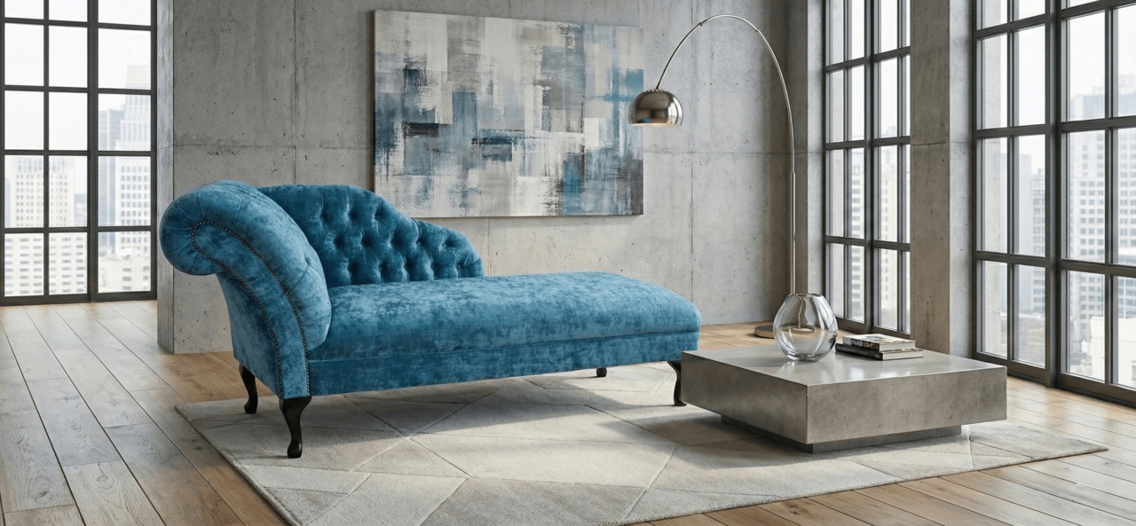 Blue velvet chaise lounge in a modern industrial interior