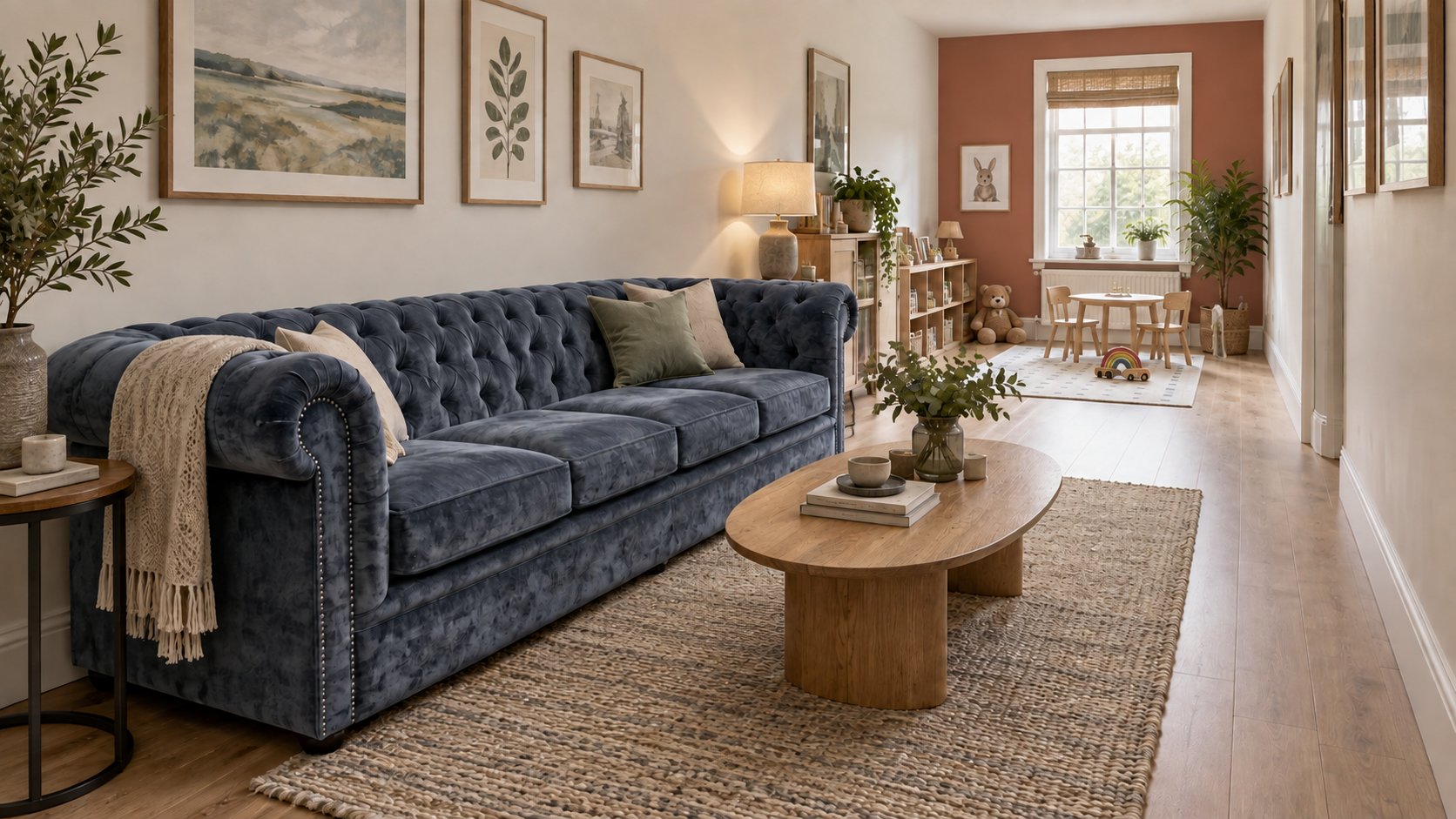 blue velvet chesterfield sofa beside a family play zone