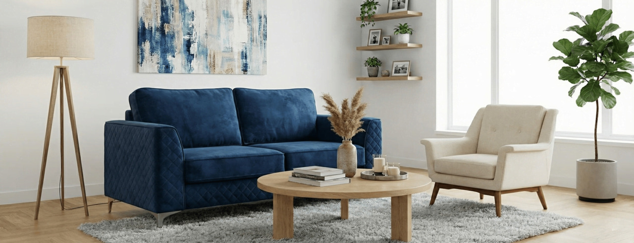 Blue velvet sofa with a neutral armchair in a modern living room