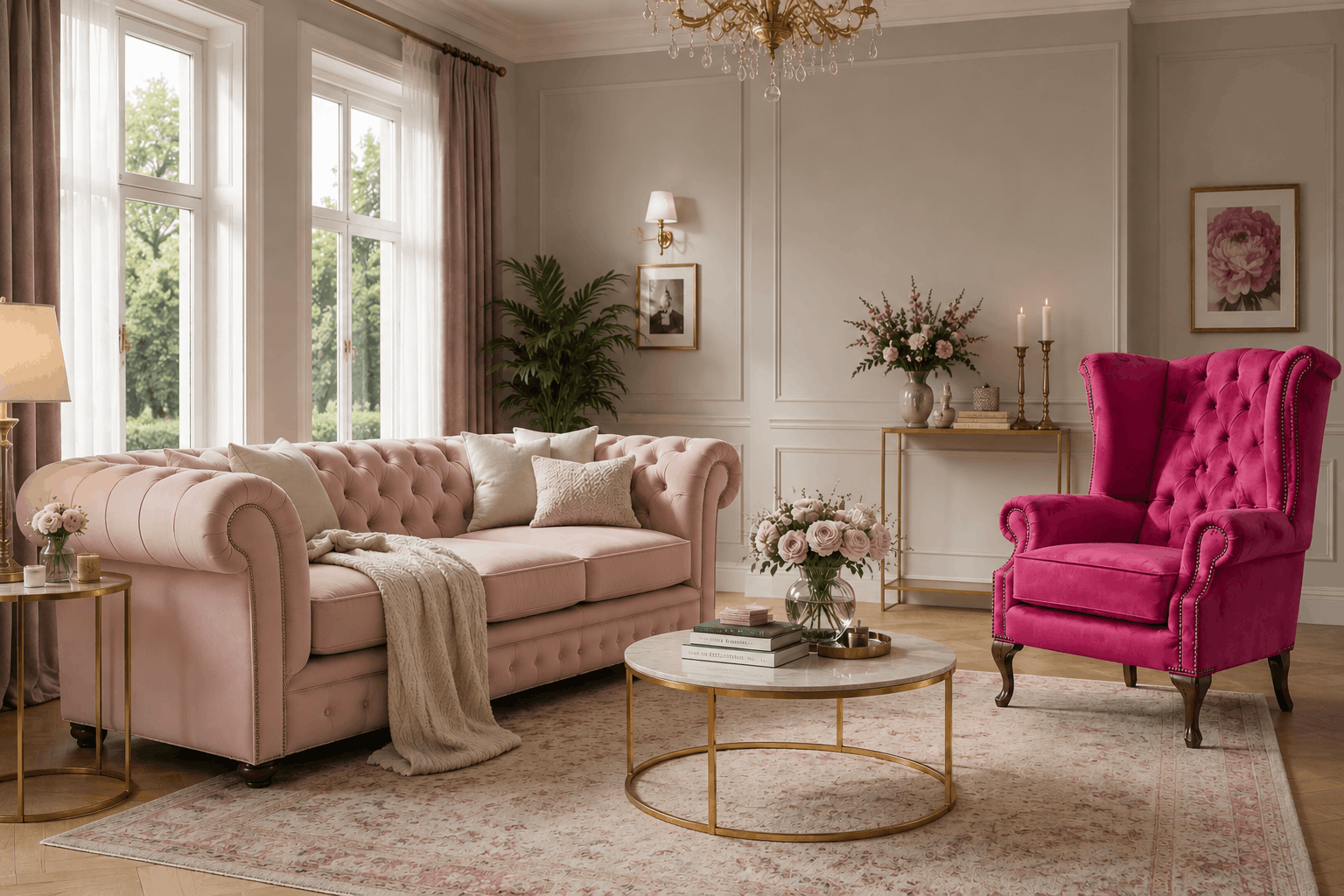 Blush pink Chesterfield sofa with bright pink accent chair