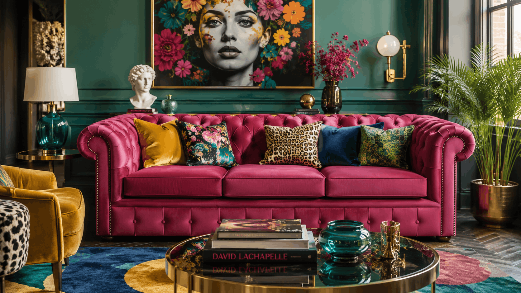 Bright pink Chesterfield sofa with colourful cushions in a green room