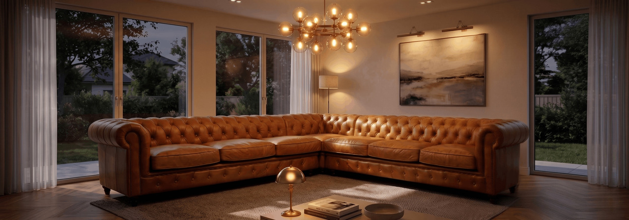 Brown Chesterfield corner sofa in an evening lounge