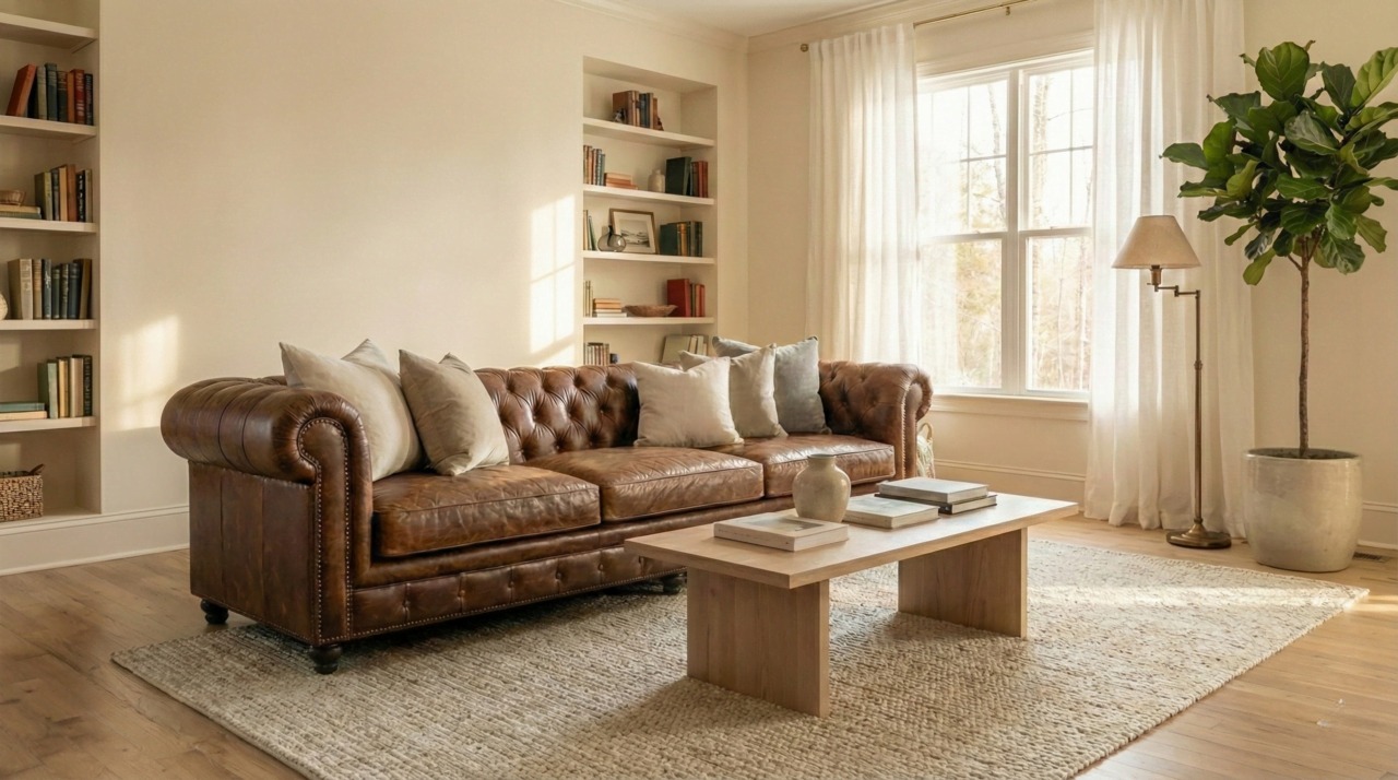 Brown genuine leather Chesterfield sofa in a bright living room