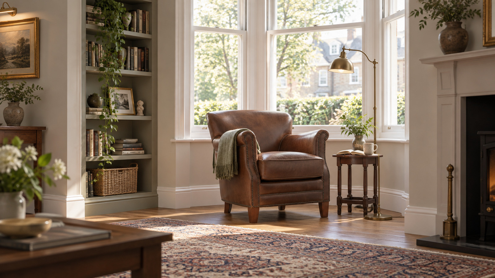 brown leather armchair beside sunlit windows
