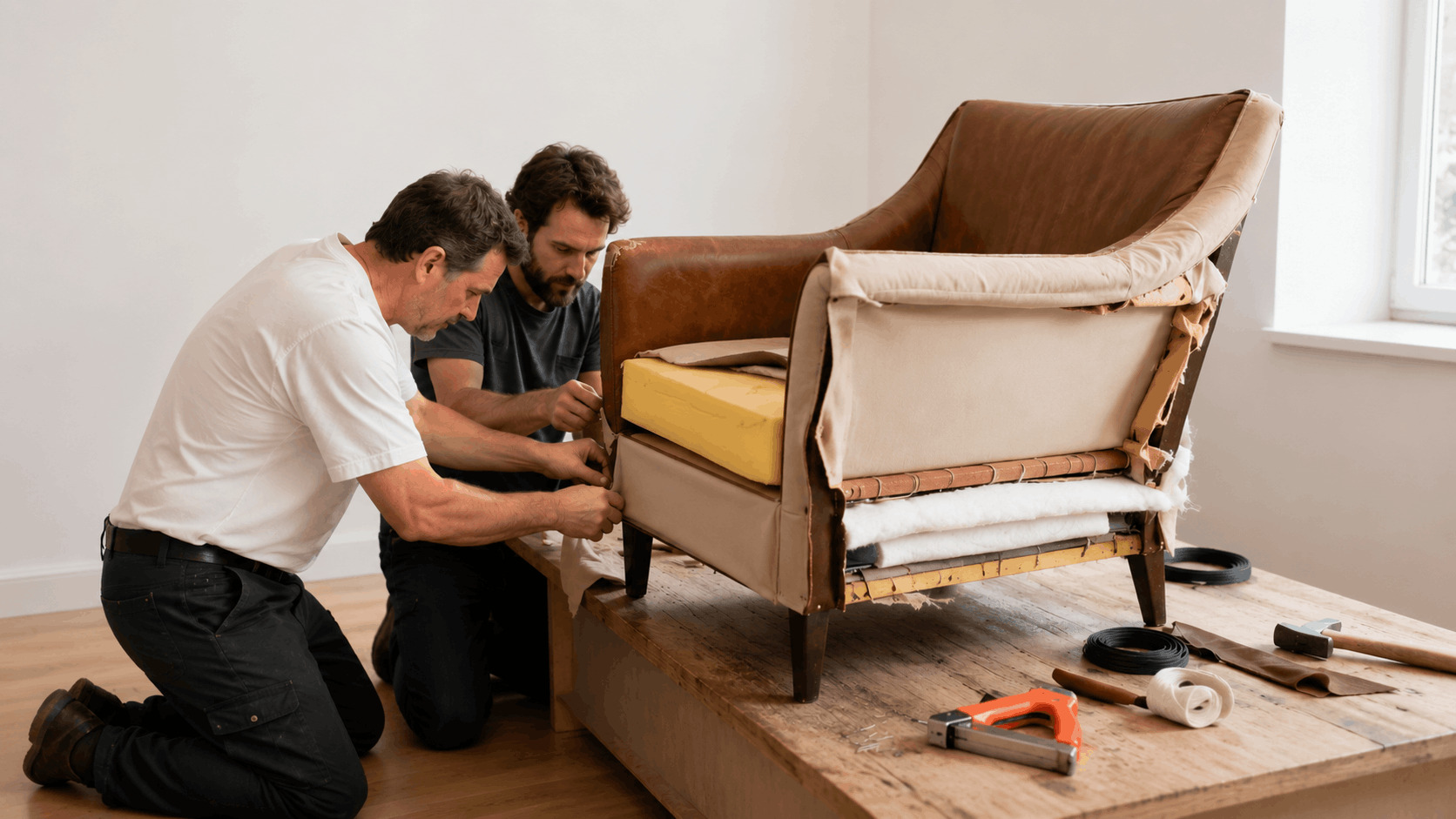 Brown leather armchair undergoing reupholstery