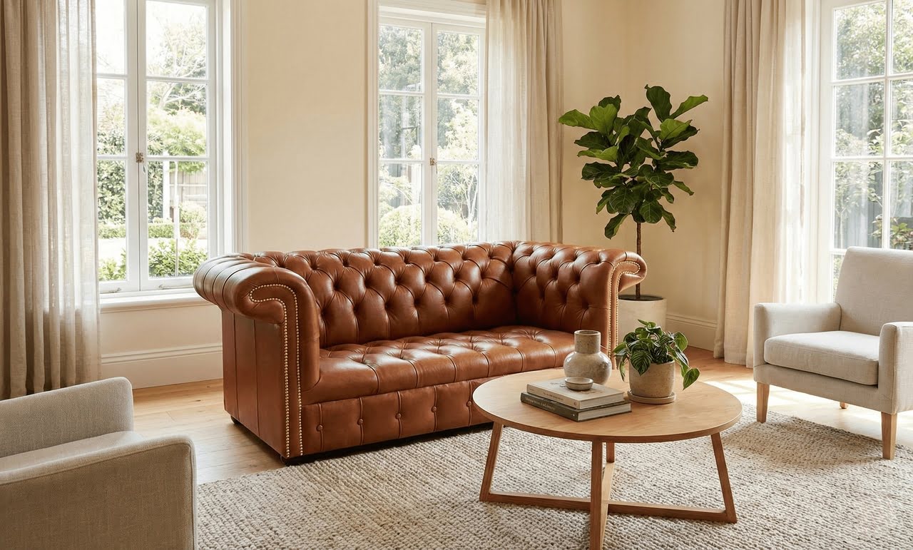 Brown leather Chesterfield sofa in a bright living room with natural light